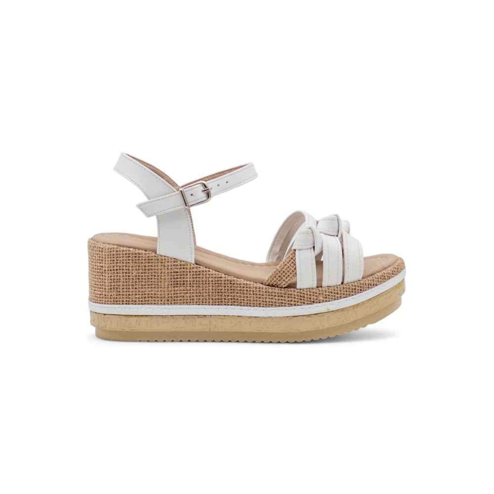 ZORDE DOLGU TOPUK HASIRLI KADIN SANDALET - BEYAZ - 38