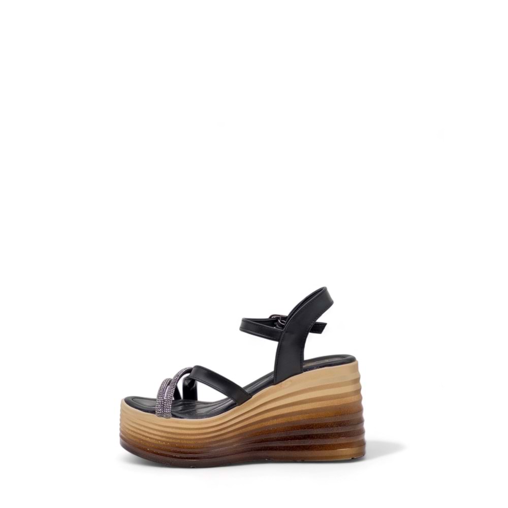 LAMEİRA DESENLİ DOLGU TOPUK TAŞLI SANDALET - SİYAH - 37