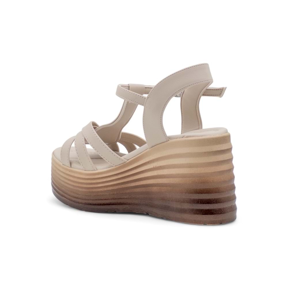 LAMEİRA DESENLİ DOLGU TOPUK ÇAPRAZ KADIN SANDALET - KREM - 37