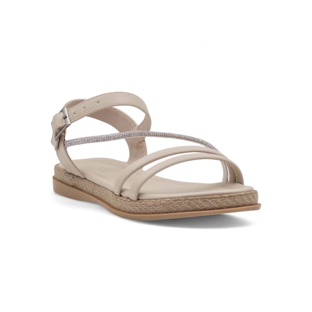 KAYGISIZ YAN ATKILI TAŞLI KADIN SANDALET - KREM - 36