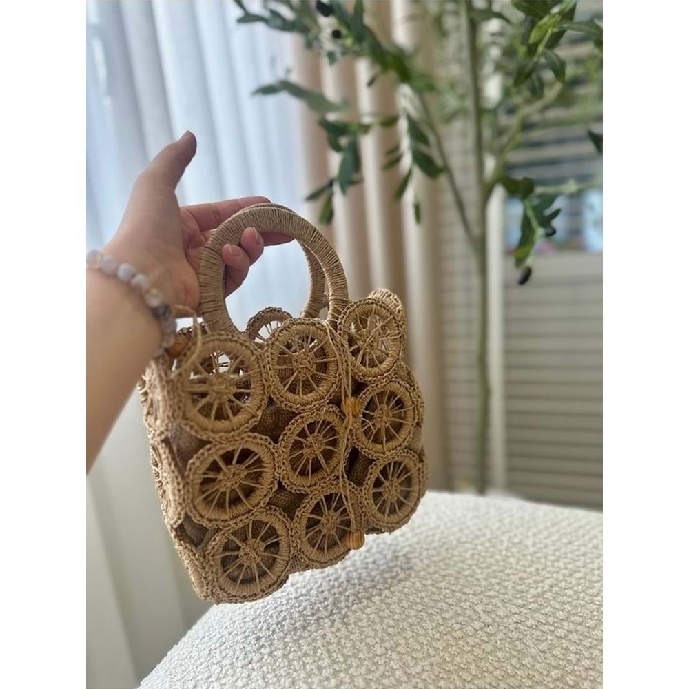 blancaston Hasır El Örgüsü Halka Motifli Astarlı Çanta