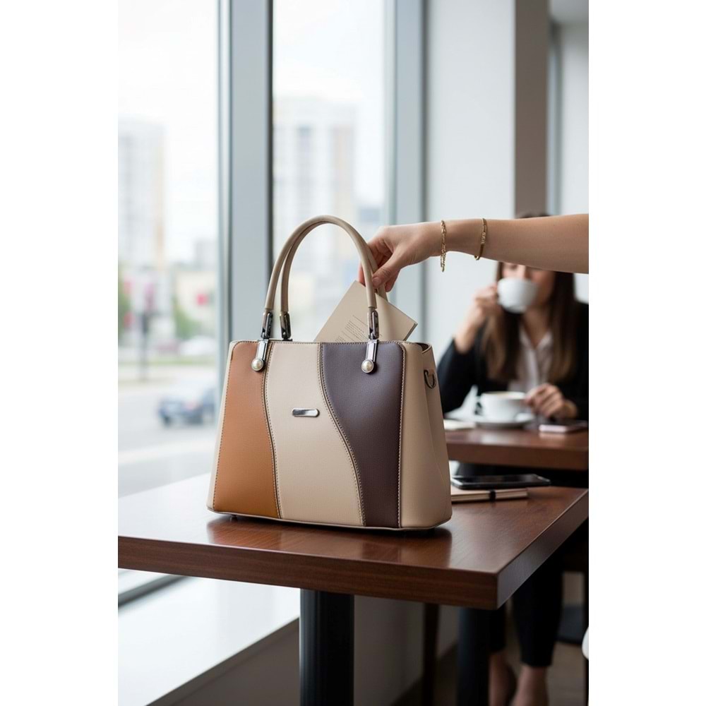 1010 Kadın 3 Bölmeli El ve Omuz Çantası - KREM