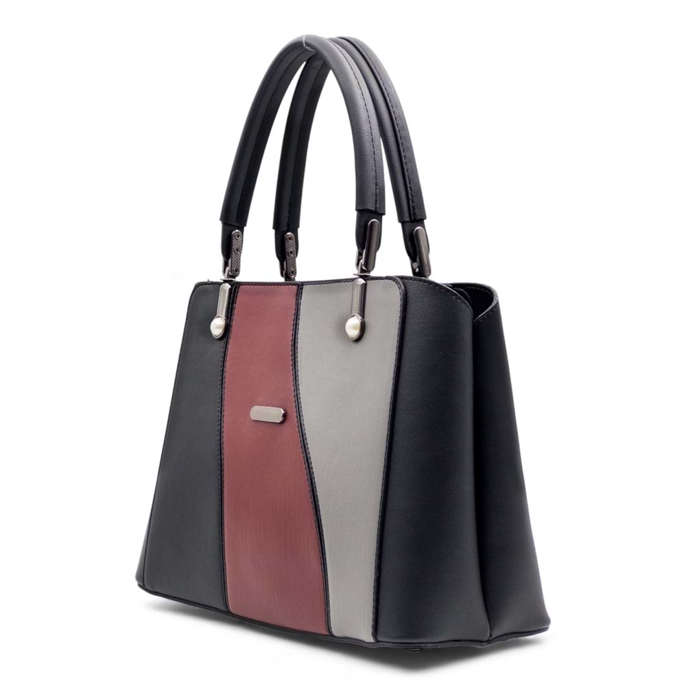 1010 Kadın 3 Bölmeli El ve Omuz Çantası - SİYAH-BORDO