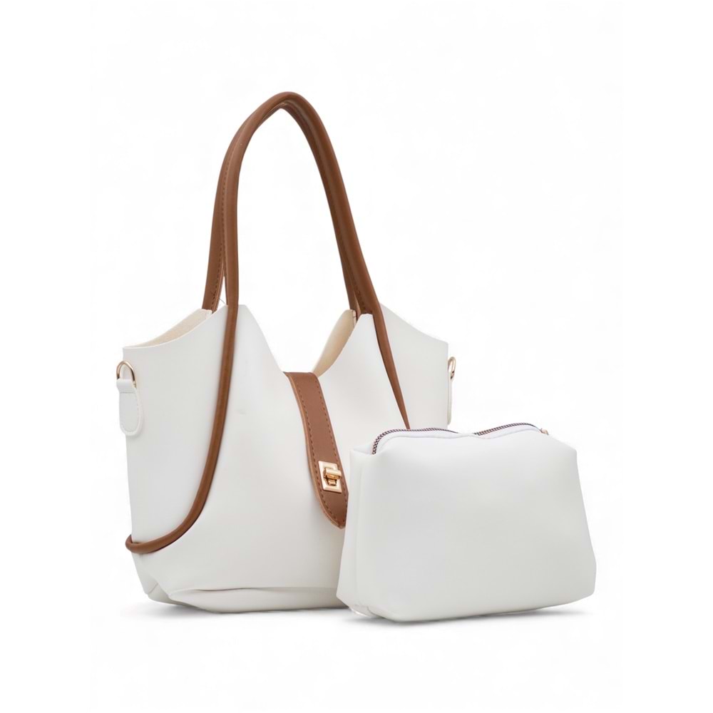 1020 Kadın Makyaj Çantalı El ve Omuz Çantası 2 li Set - BEYAZ