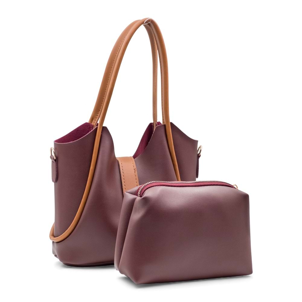 1020 Kadın Makyaj Çantalı El ve Omuz Çantası 2 li Set - BORDO