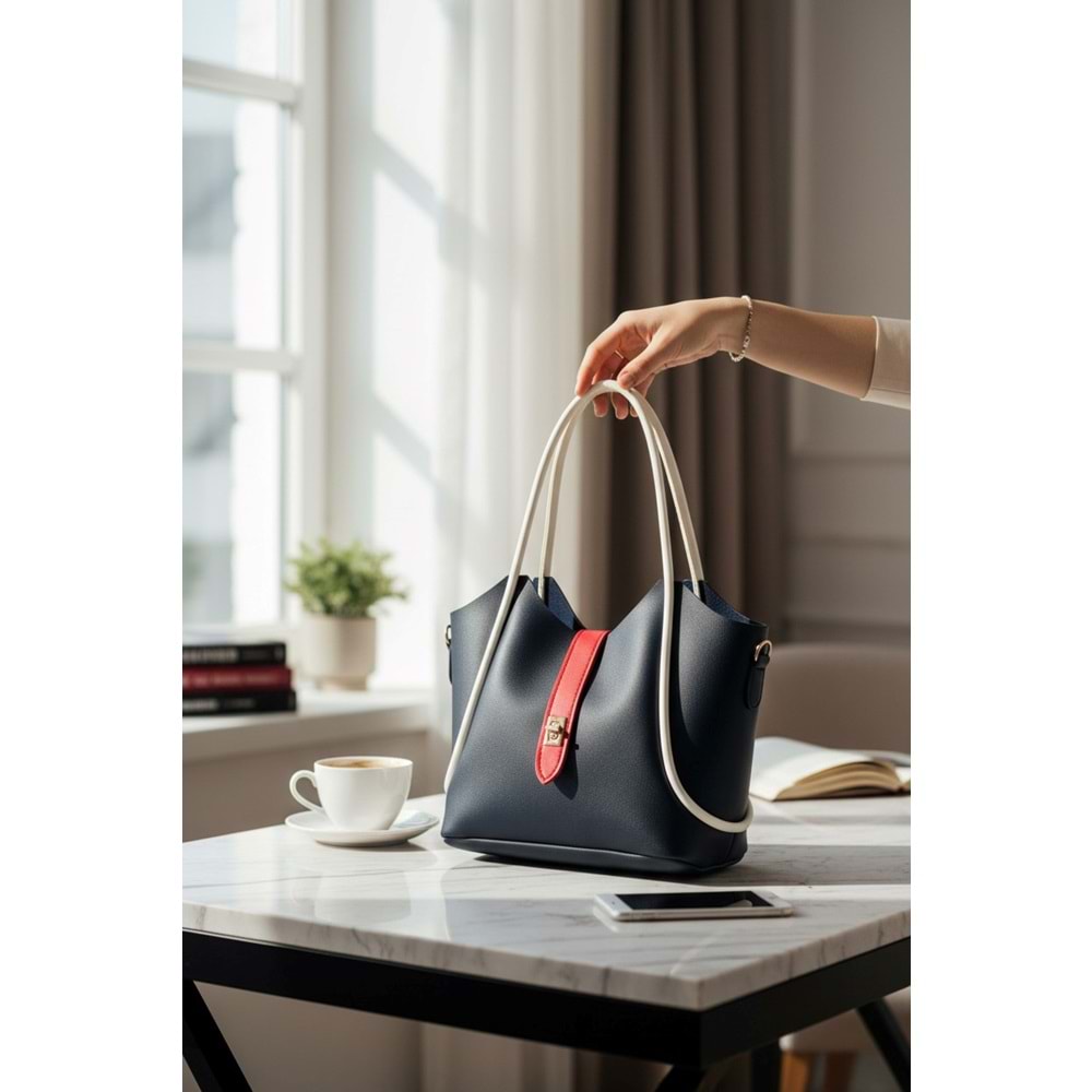 1020 Kadın Makyaj Çantalı El ve Omuz Çantası 2 li Set - LACİVERT