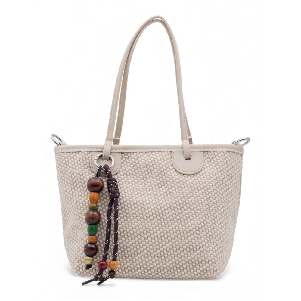 1040 Kadın Ahşap Boncuk Detaylı Hasır El ve Omuz Çantası - BEJ