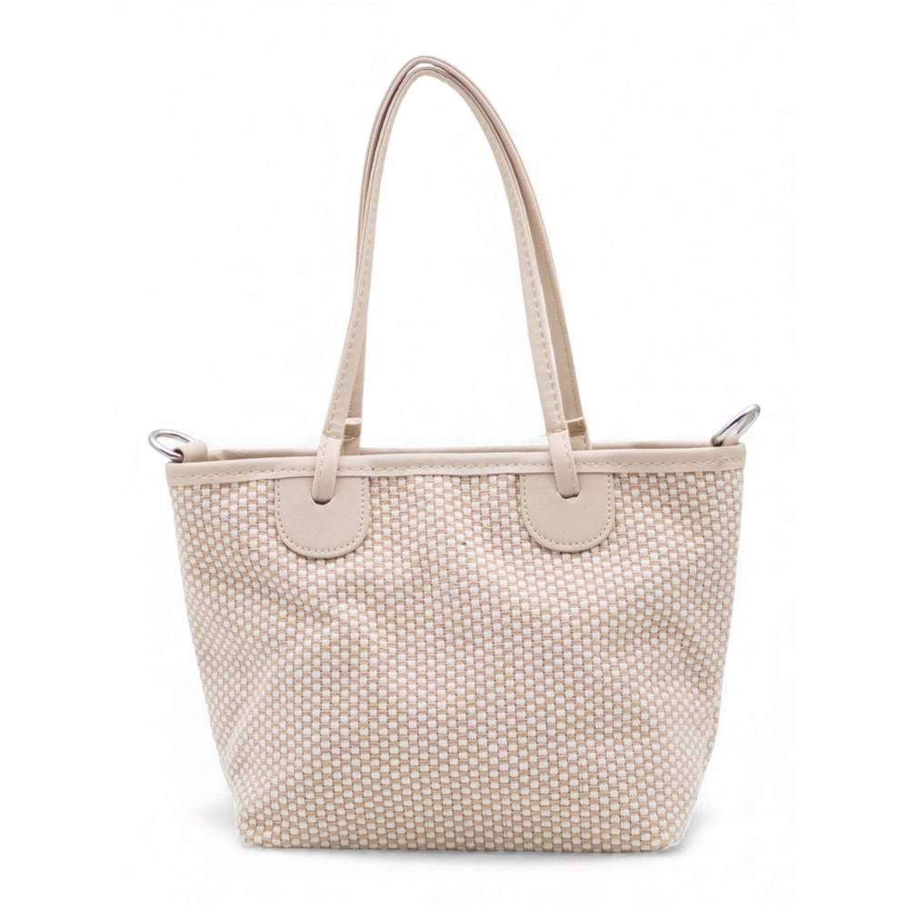 1040 Kadın Ahşap Boncuk Detaylı Hasır El ve Omuz Çantası - BEJ