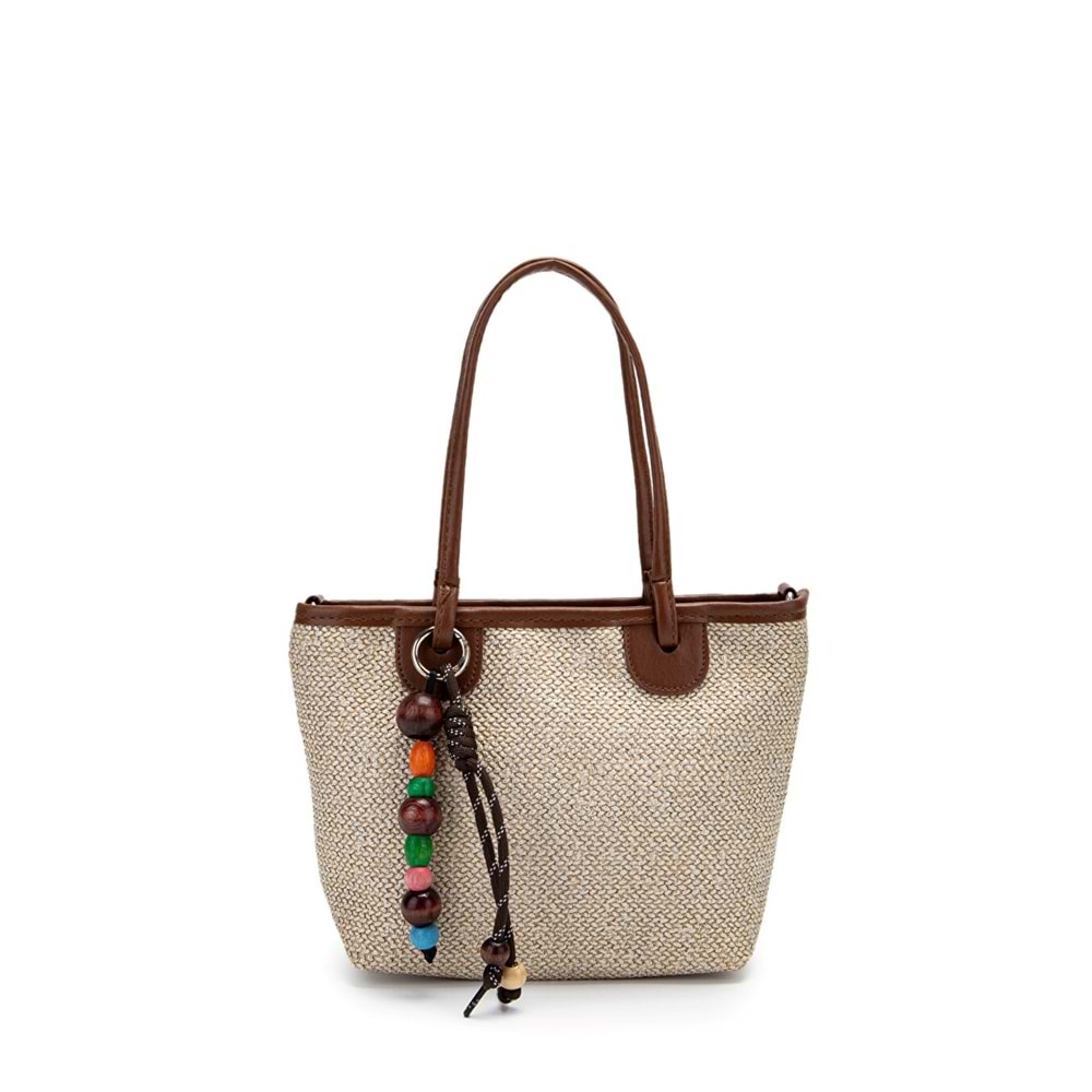 1040 Kadın Ahşap Boncuk Detaylı Hasır El ve Omuz Çantası - KAHVERENGİ
