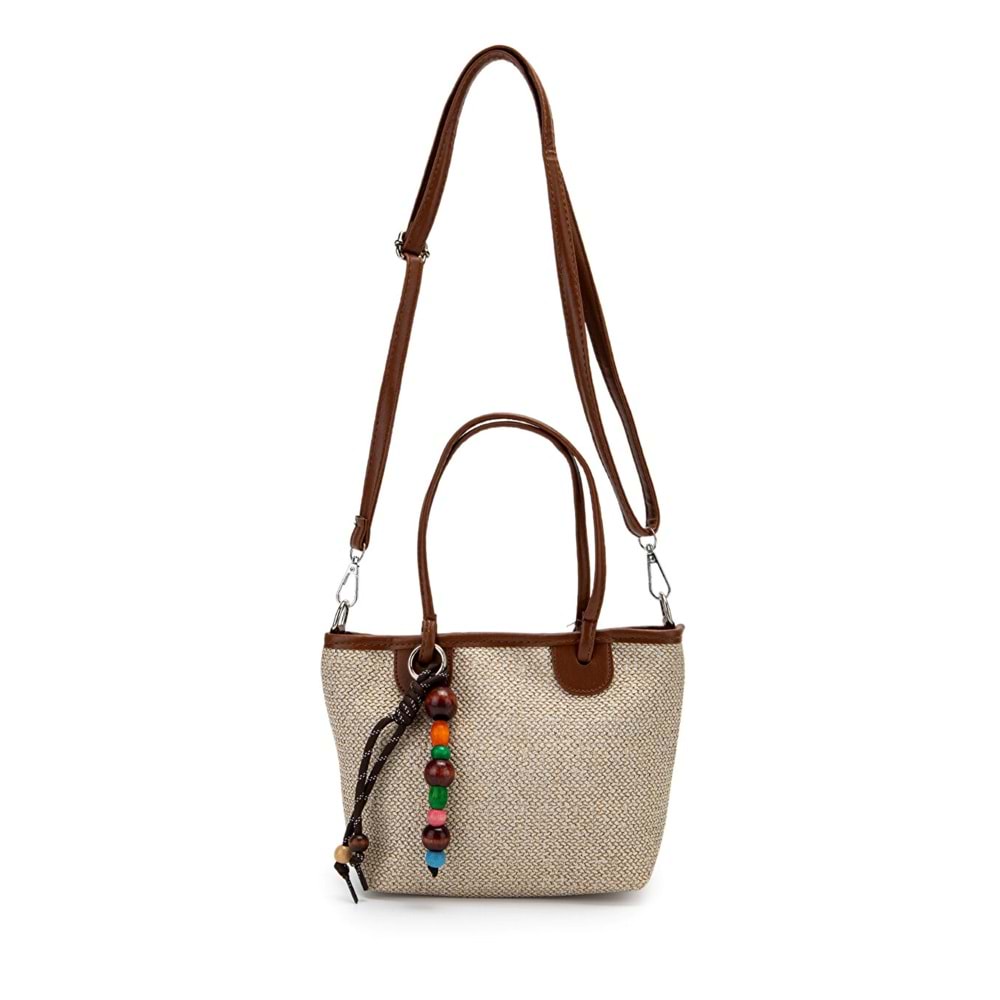 1040 Kadın Ahşap Boncuk Detaylı Hasır El ve Omuz Çantası - KAHVERENGİ