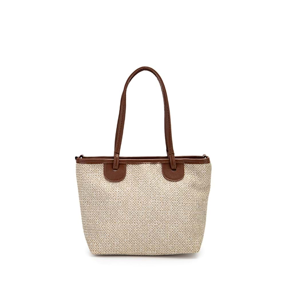 1040 Kadın Ahşap Boncuk Detaylı Hasır El ve Omuz Çantası - KAHVERENGİ