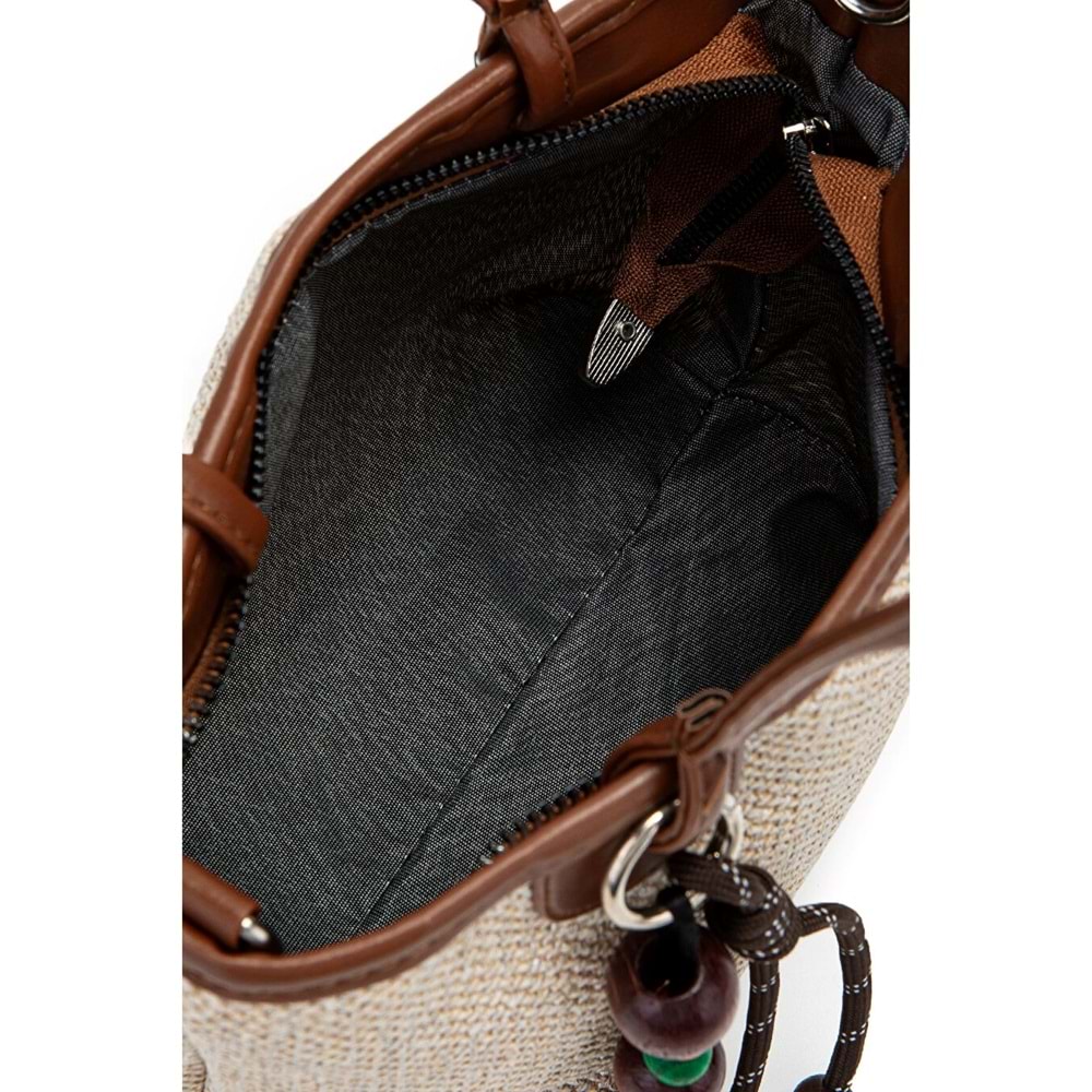 1040 Kadın Ahşap Boncuk Detaylı Hasır El ve Omuz Çantası - KAHVERENGİ