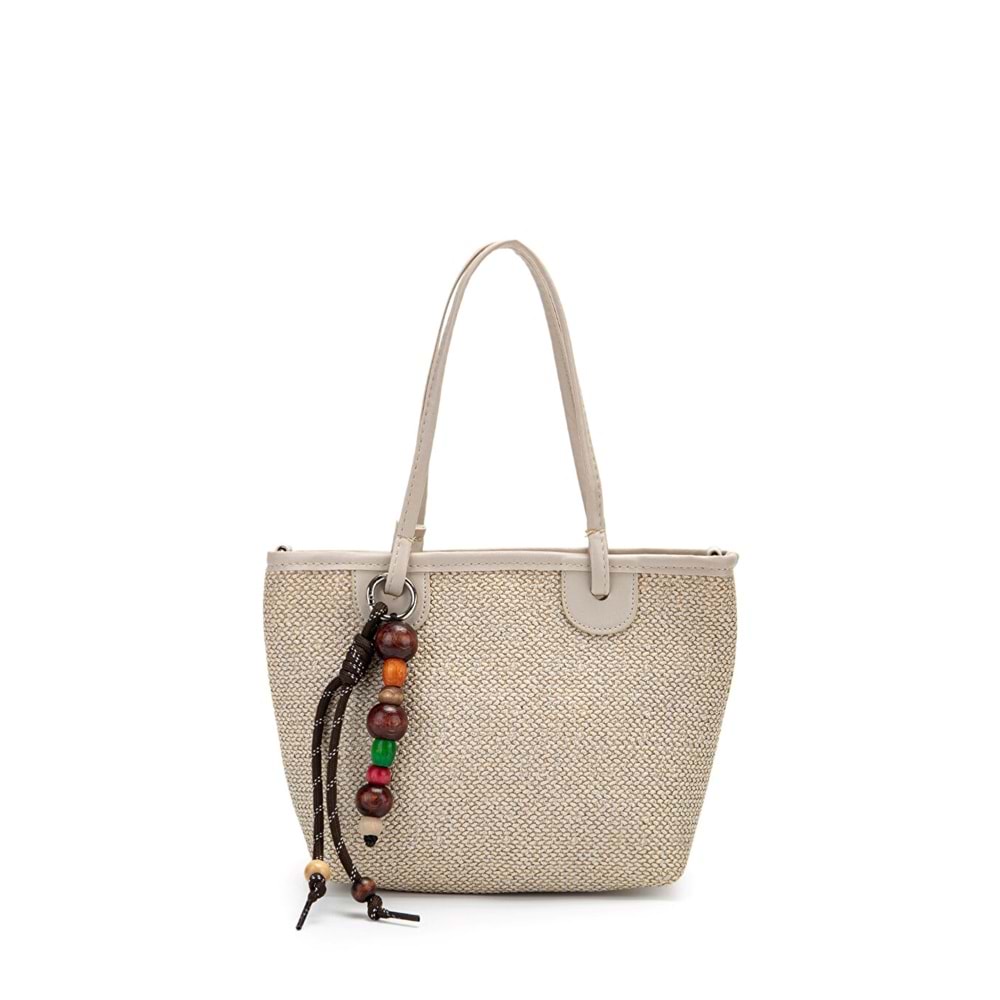 1040 Kadın Ahşap Boncuk Detaylı Hasır El ve Omuz Çantası - KREM
