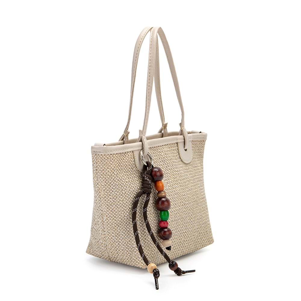 1040 Kadın Ahşap Boncuk Detaylı Hasır El ve Omuz Çantası - KREM