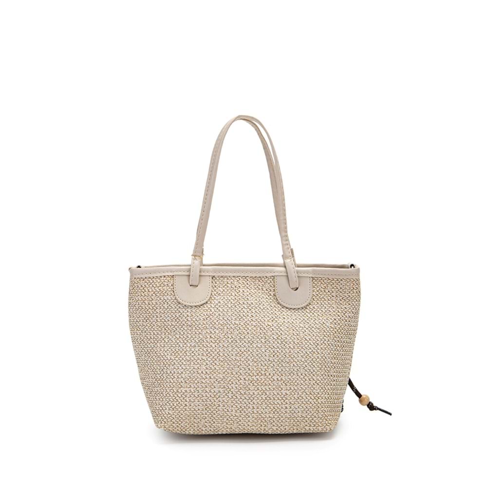 1040 Kadın Ahşap Boncuk Detaylı Hasır El ve Omuz Çantası - KREM