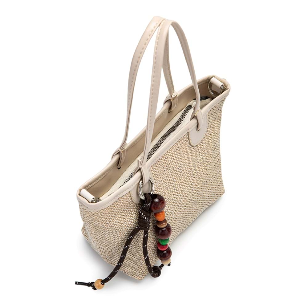 1040 Kadın Ahşap Boncuk Detaylı Hasır El ve Omuz Çantası - KREM