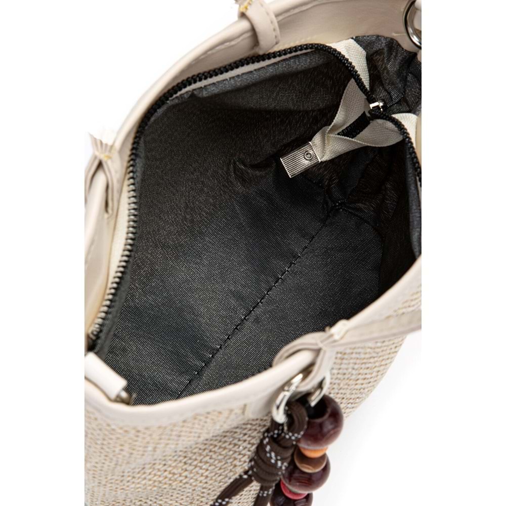 1040 Kadın Ahşap Boncuk Detaylı Hasır El ve Omuz Çantası - KREM