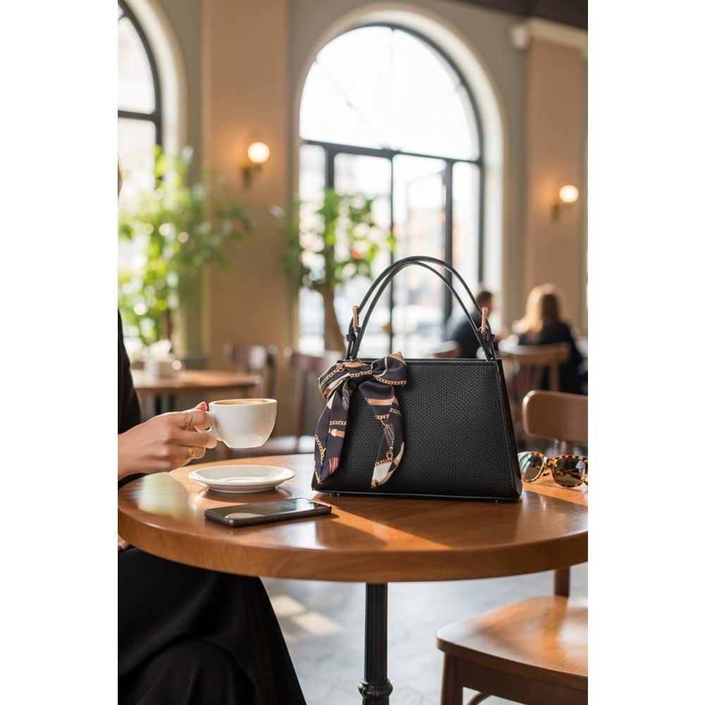 1050 Kadın Kurdele Detaylı El ve Omuz Çantası - SİYAH