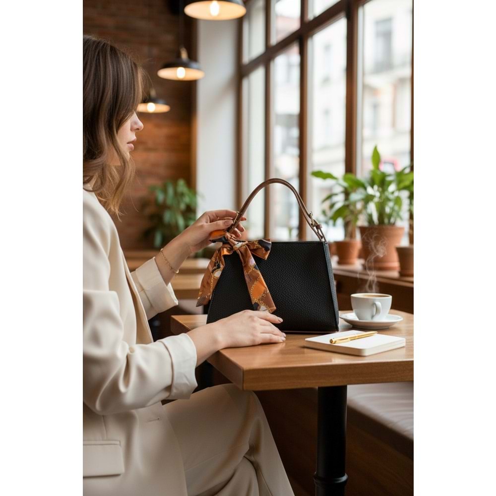 1050 Kadın Kurdele Detaylı El ve Omuz Çantası - SİYAH-TABA