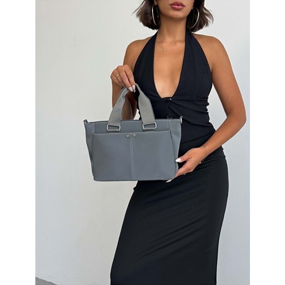 1070 Kadın Saten Çok Cepli Çapraz El ve Omuz Çantası - FÜME