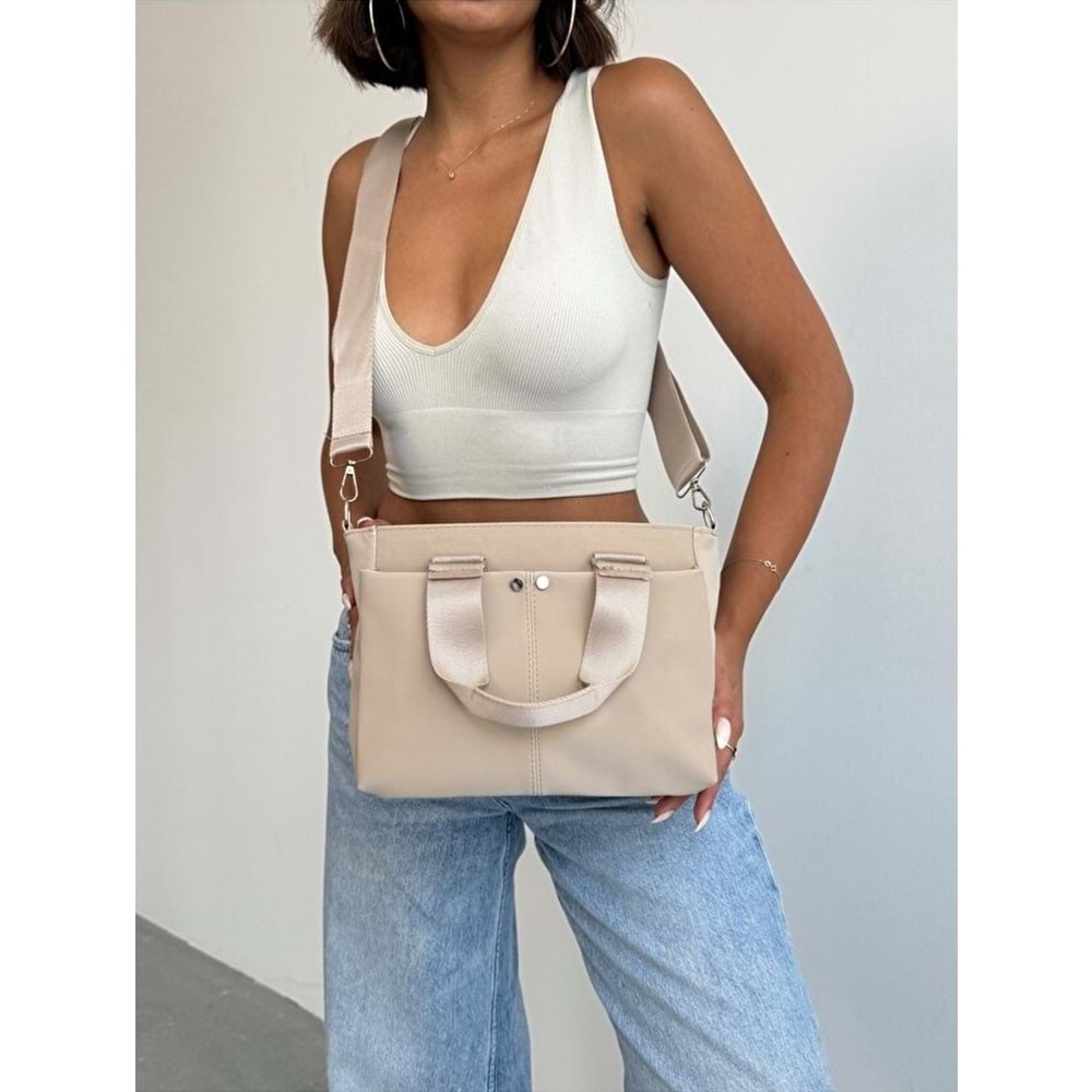 1070 Kadın Saten Çok Cepli Çapraz El ve Omuz Çantası - KREM