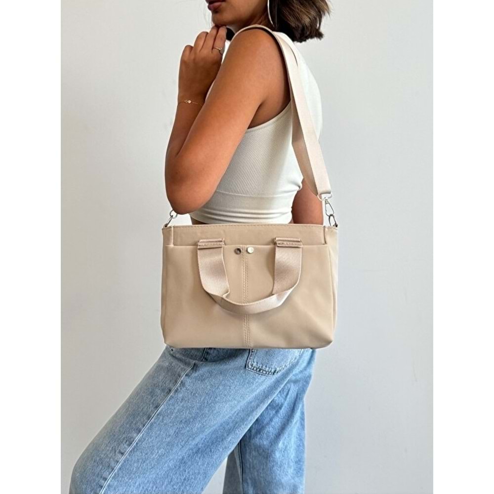 1070 Kadın Saten Çok Cepli Çapraz El ve Omuz Çantası - KREM