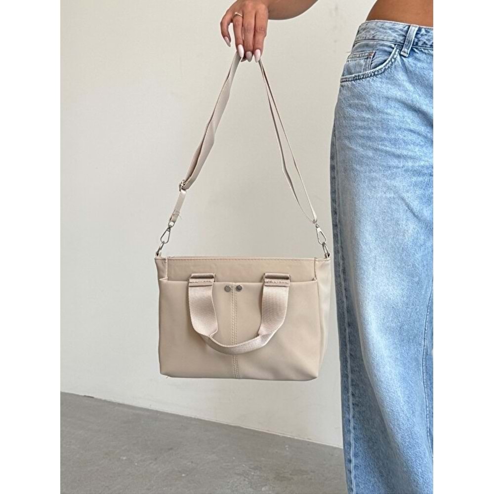 1070 Kadın Saten Çok Cepli Çapraz El ve Omuz Çantası - KREM