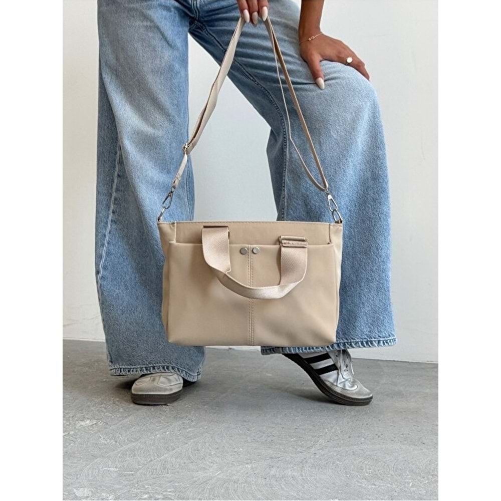 1070 Kadın Saten Çok Cepli Çapraz El ve Omuz Çantası - KREM