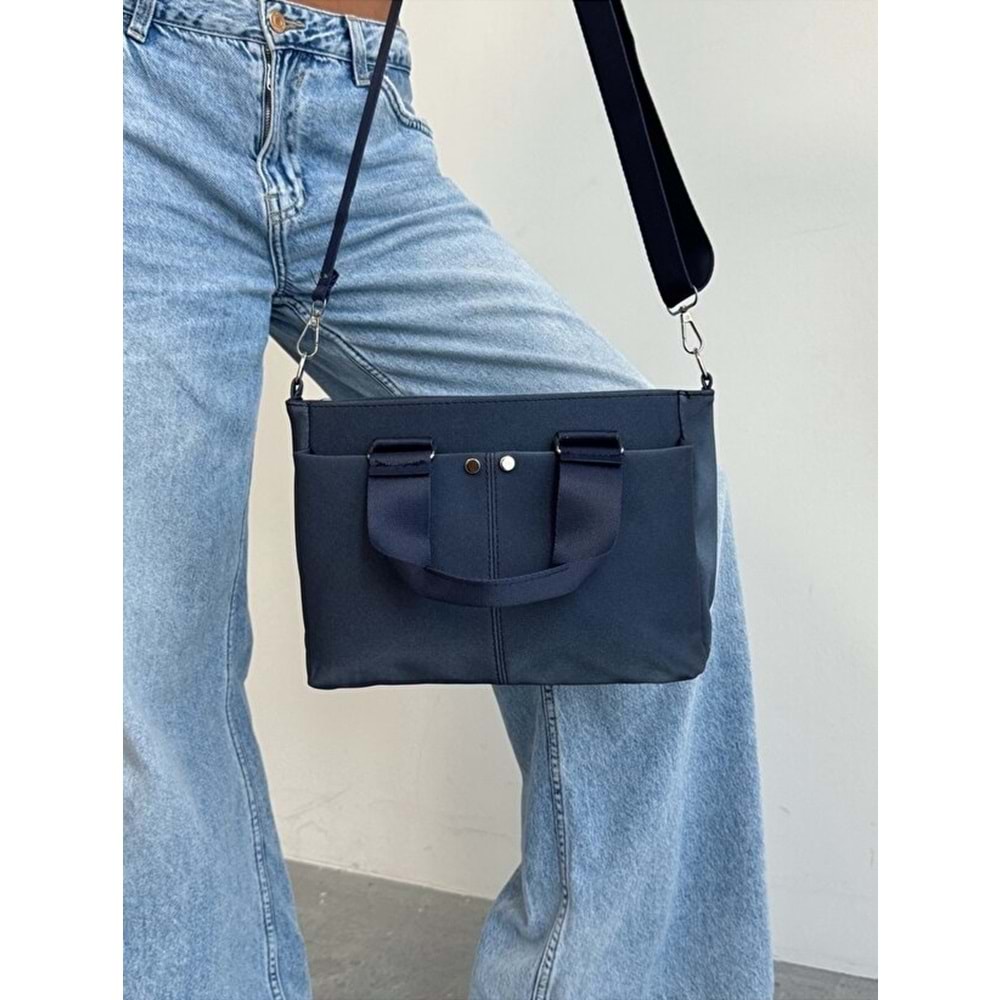 1070 Kadın Saten Çok Cepli Çapraz El ve Omuz Çantası - LACİVERT