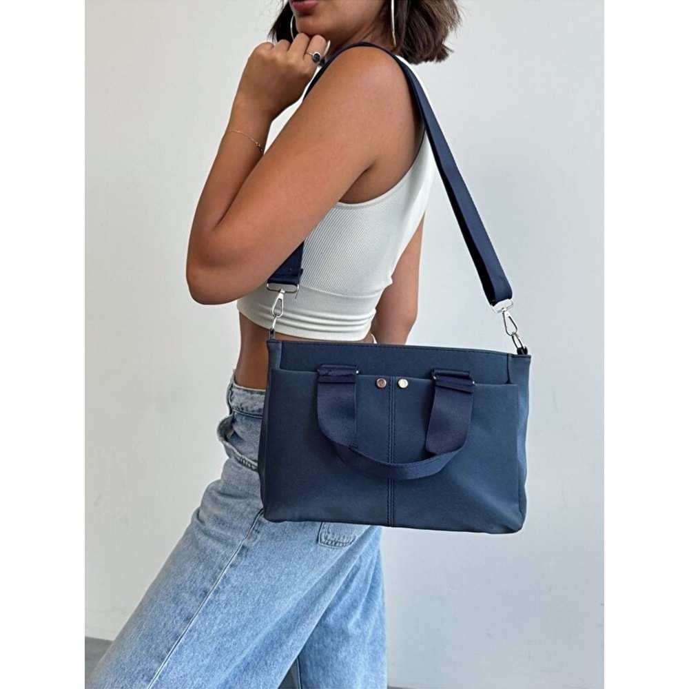 1070 Kadın Saten Çok Cepli Çapraz El ve Omuz Çantası - LACİVERT