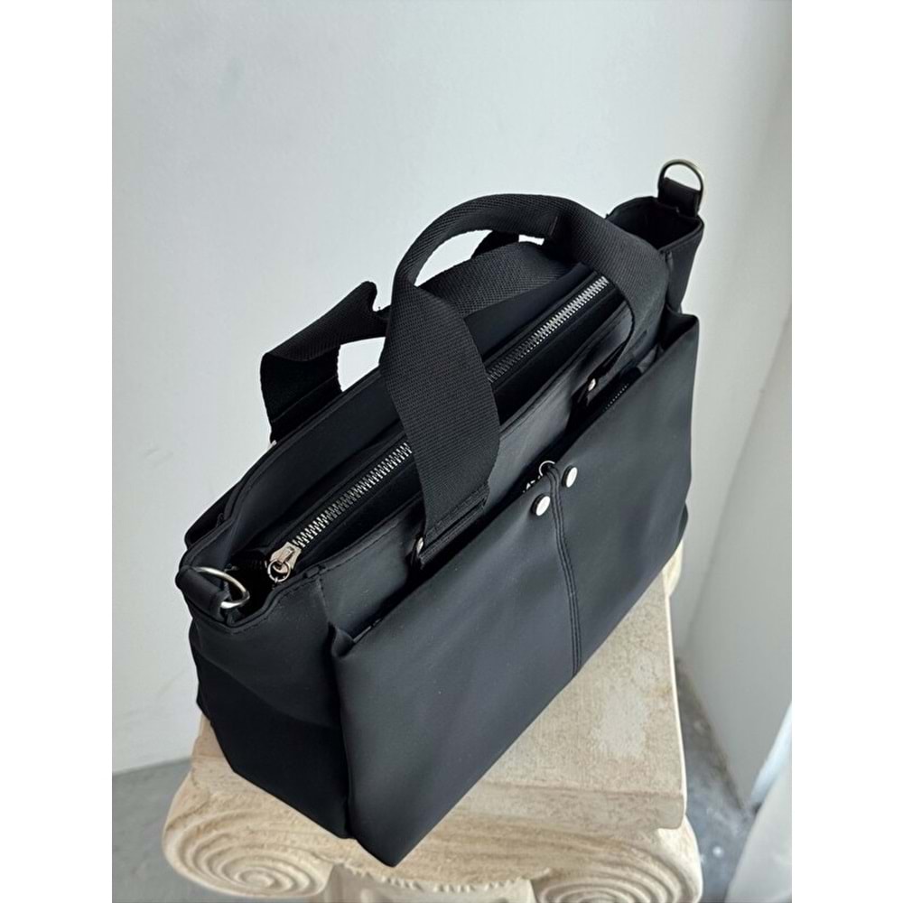 1070 Kadın Saten Çok Cepli Çapraz El ve Omuz Çantası - SİYAH