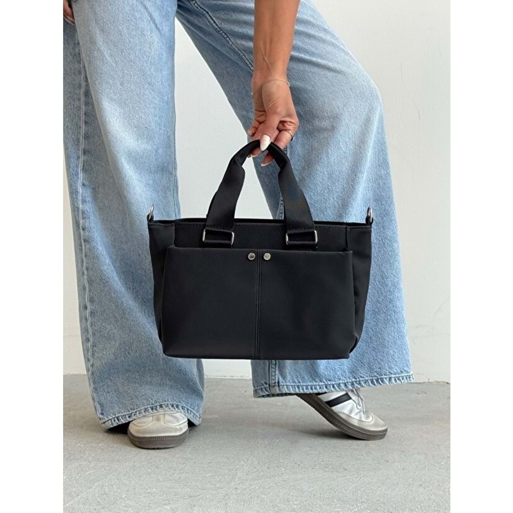 1070 Kadın Saten Çok Cepli Çapraz El ve Omuz Çantası - SİYAH