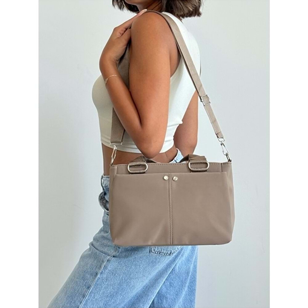 1070 Kadın Saten Çok Cepli Çapraz El ve Omuz Çantası - VİZON