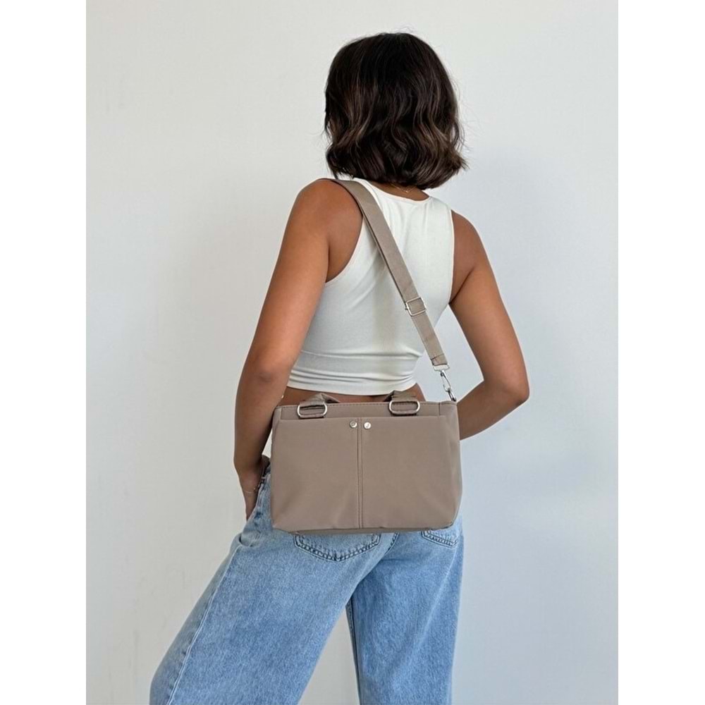 1070 Kadın Saten Çok Cepli Çapraz El ve Omuz Çantası - VİZON