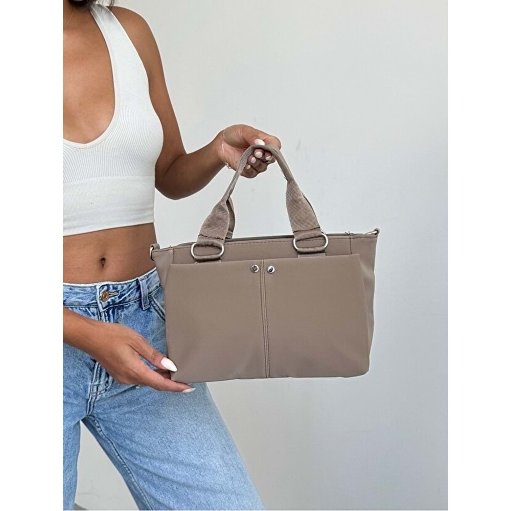 1070 Kadın Saten Çok Cepli Çapraz El ve Omuz Çantası - VİZON