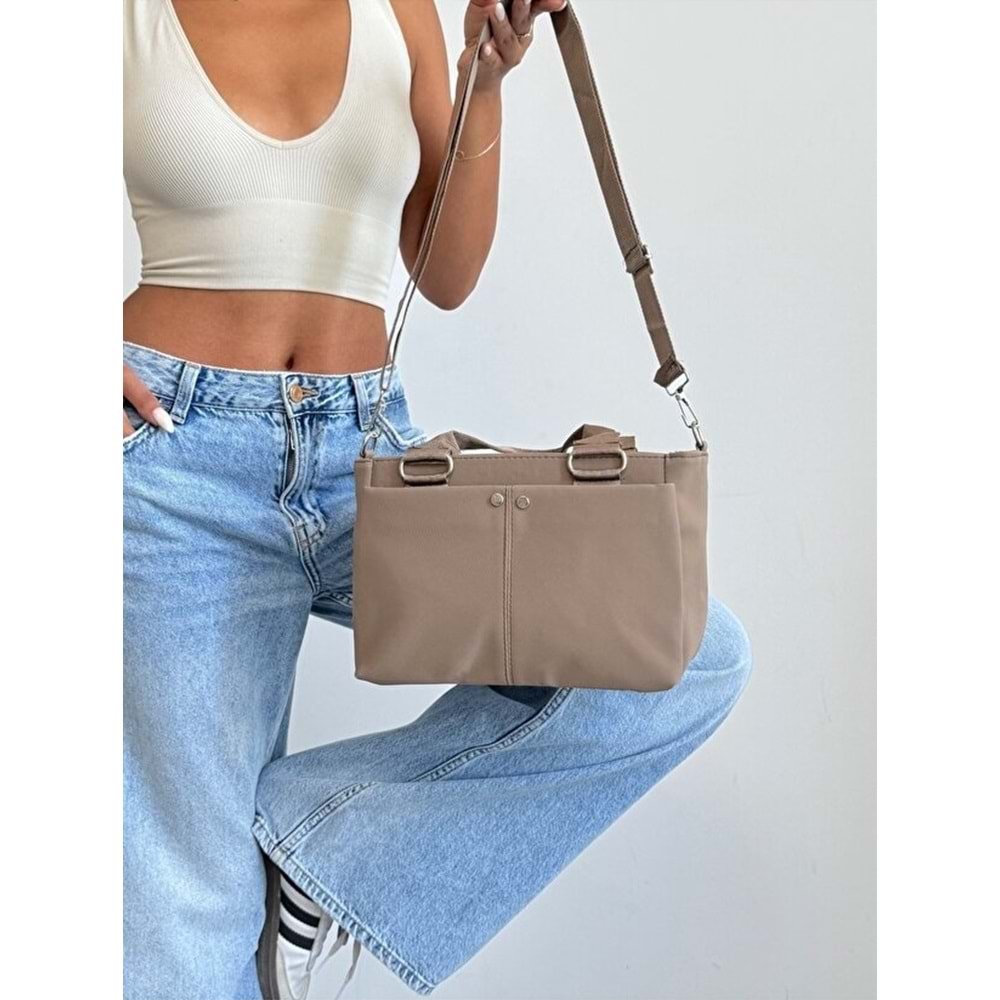 1070 Kadın Saten Çok Cepli Çapraz El ve Omuz Çantası - VİZON