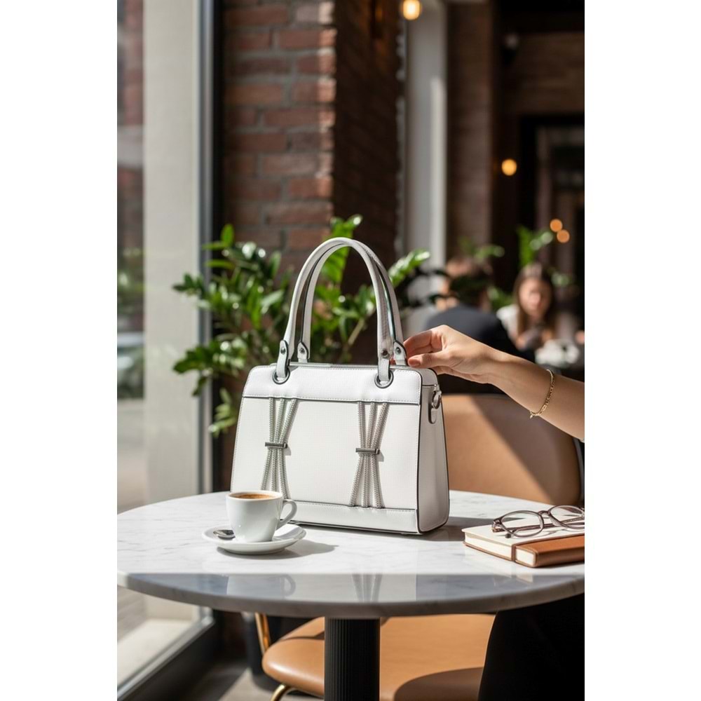 1080 Kadın Taş Detaylı El ve Omuz Çantası - BEYAZ