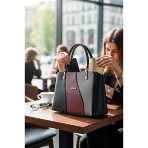 1010 Kadın 3 Bölmeli El ve Omuz Çantası - SİYAH-BORDO