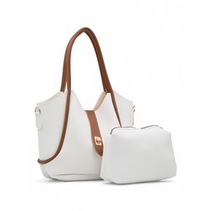 1020 Kadın Makyaj Çantalı El ve Omuz Çantası 2 li Set - BEYAZ