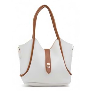 1020 Kadın Makyaj Çantalı El ve Omuz Çantası 2 li Set - BEYAZ