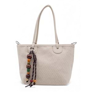 1040 Kadın Ahşap Boncuk Detaylı Hasır El ve Omuz Çantası - BEJ