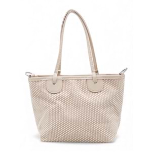 1040 Kadın Ahşap Boncuk Detaylı Hasır El ve Omuz Çantası - BEJ