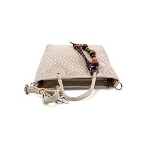1040 Kadın Ahşap Boncuk Detaylı Hasır El ve Omuz Çantası - BEJ