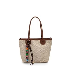 1040 Kadın Ahşap Boncuk Detaylı Hasır El ve Omuz Çantası - KAHVERENGİ