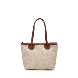 1040 Kadın Ahşap Boncuk Detaylı Hasır El ve Omuz Çantası - KAHVERENGİ