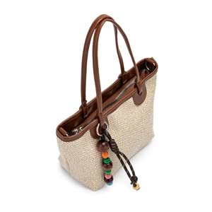 1040 Kadın Ahşap Boncuk Detaylı Hasır El ve Omuz Çantası - KAHVERENGİ
