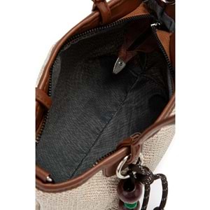 1040 Kadın Ahşap Boncuk Detaylı Hasır El ve Omuz Çantası - KAHVERENGİ