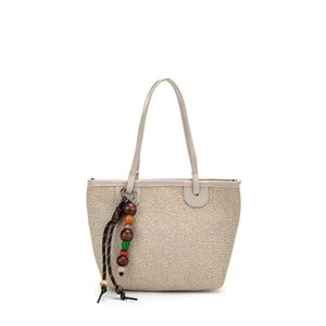 1040 Kadın Ahşap Boncuk Detaylı Hasır El ve Omuz Çantası - KREM