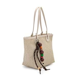 1040 Kadın Ahşap Boncuk Detaylı Hasır El ve Omuz Çantası - KREM