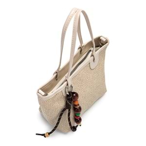 1040 Kadın Ahşap Boncuk Detaylı Hasır El ve Omuz Çantası - KREM